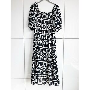 THML Smocked Maxi Dress Puff Sleeve Black White Size XS Art to Wear Lagenlook